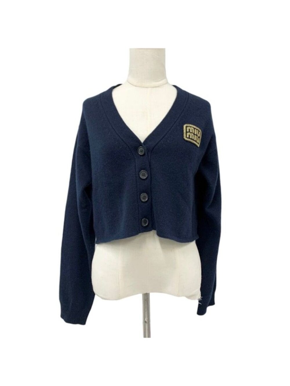 Miu Miu Top Cashmere Navy Gold Cropped Logo Knit Cardigan